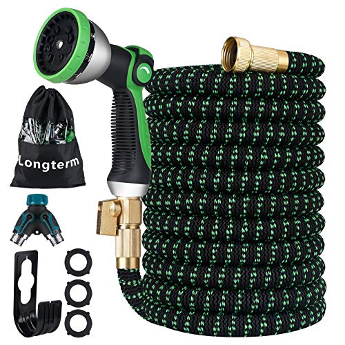 Longterm Expandable Garden Hose Set 50 ft,Strength Fabric 3750D,6 Latex Layers, 3 4 Solid Brass Fittings,10 Way Durable Zinc Water Spray Nozzle,3 Way Pocket Flexible Splitter with Storage Bag (50FT)