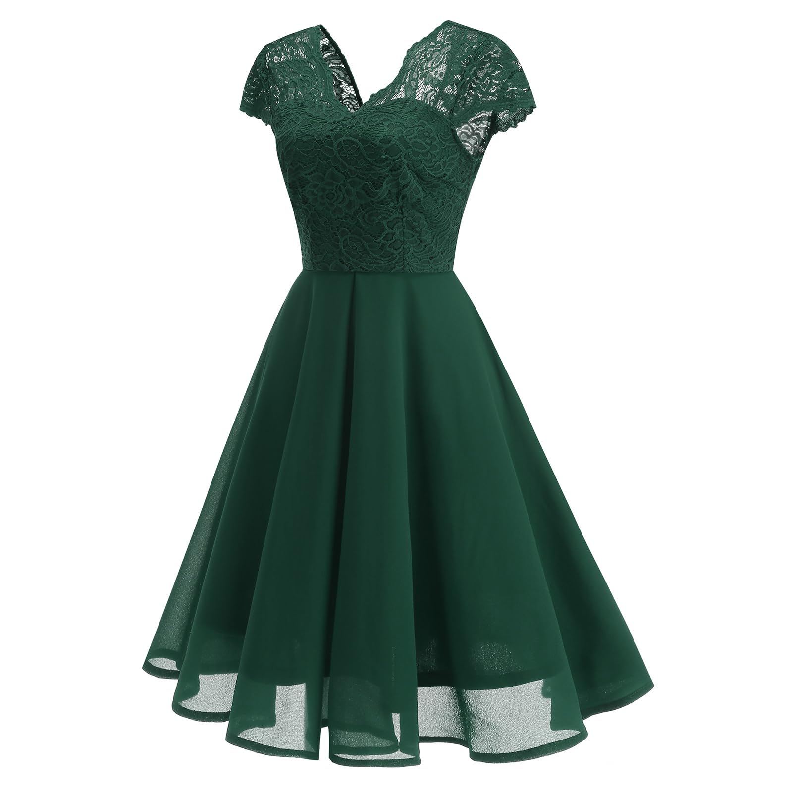 OMEWEE 1950er Vintage Retro Cocktailkleid Damen Elegant Knielang Rockabilly Kleider V-Ausschnitt Chiffon Kurzarm Spitzenkleid A-Line Swing Hochzeit festliches Kleid Kleid Abendkleid