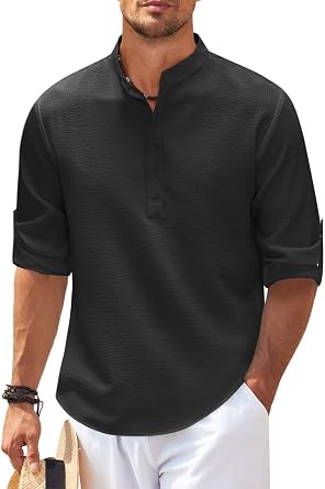 Men's Cotton Linen Shirt Casual Long Sleeve Henley Hippie T Shirts Summer Fashion Beach Tops Slim Fit Basic Button Up Shirts Lightweight Solid Color Banded Collar Shirt Typical Holiday Sports Tops, XL - Best Deal Finder