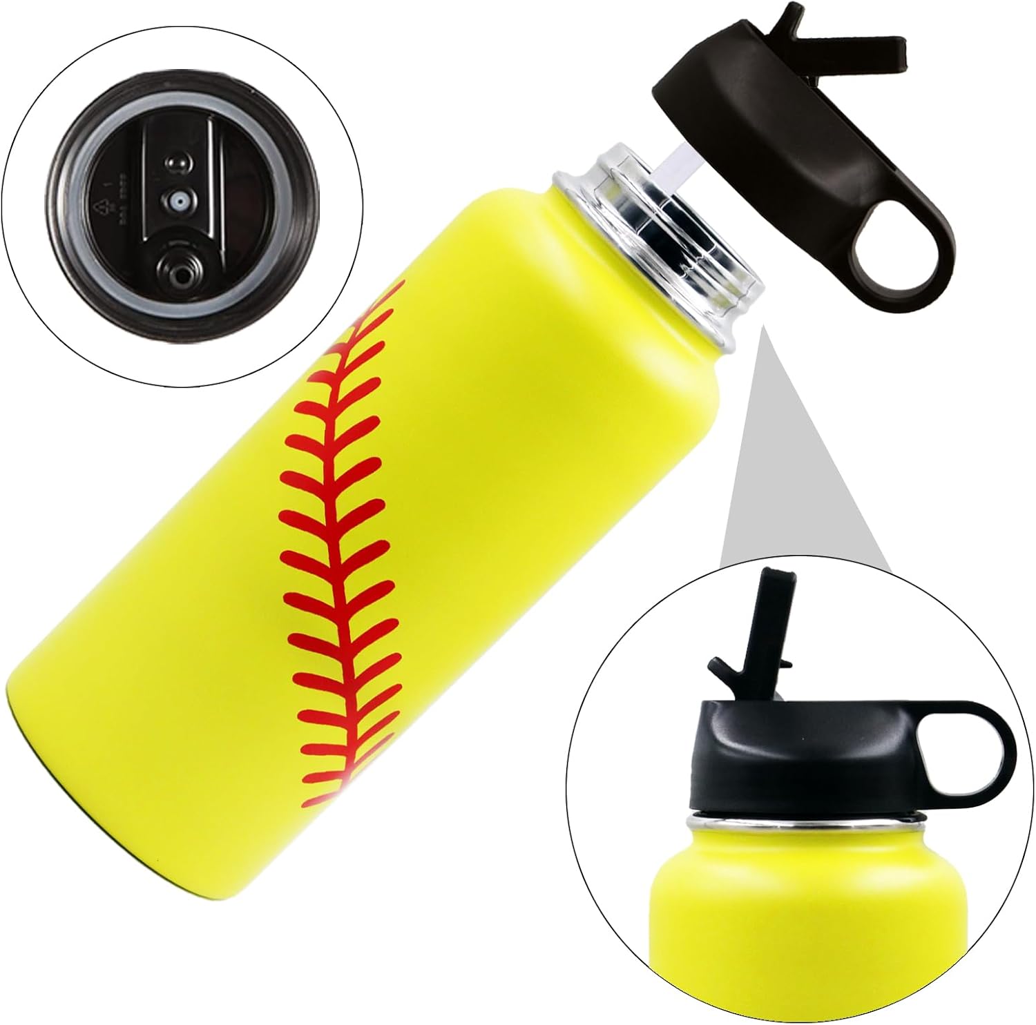 32 oz Softball Water Bottle, Wide Mouth Sports Flask Metal Travel Tumbler with 2 Lids, Stainless Steel Double Wall Vacuum Insulated Leak Proof Water Bottles, Softball Stuff Gifts for Mom Boys Girls - Image 6