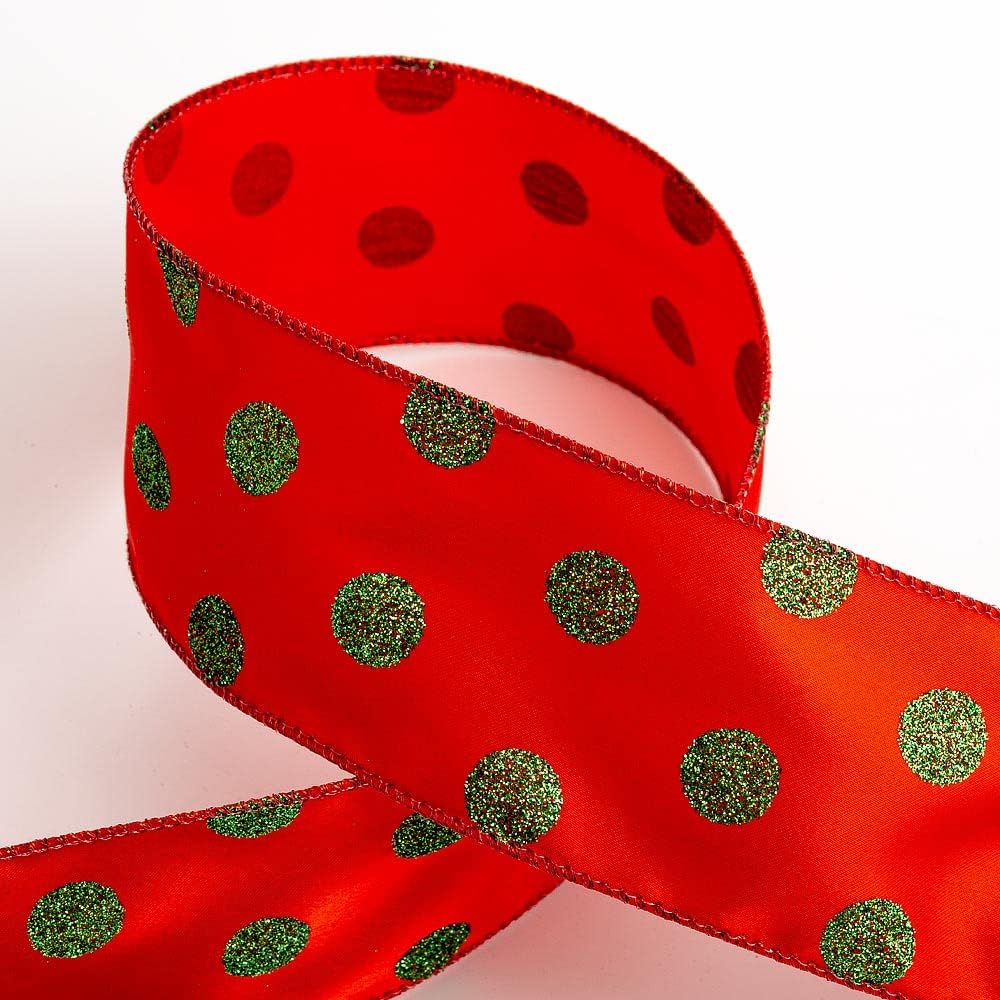 Italian Options 63mm Wide Christmas Ribbon - Red Satin Green Glitter Dots (10 Mtr/Wired Edge)