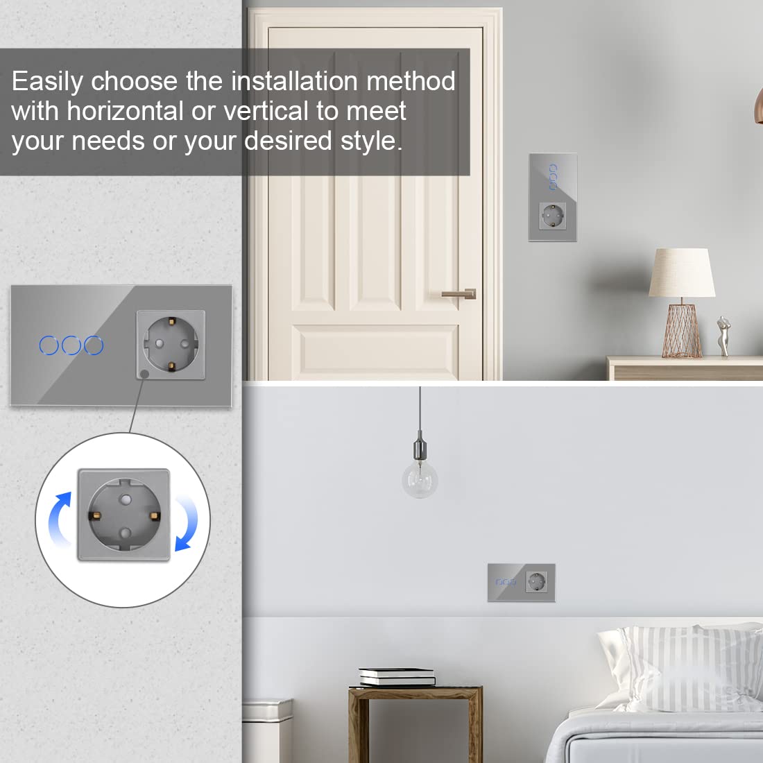 CNBINGO - Interruttore touch smart con presa Schuko da incasso con cornice in vetro, interruttore Wi-Fi per luci, funziona con Alexa, Google Assistant, interruttore a parete triplo in grigio