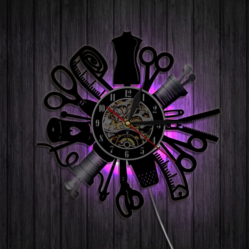 Smotly Black Vinyl Wall Clock, Garment Tailor Tool Design Modern With 7 Colors Led Night Light Decorative Silent Wall Clock Gift For Beauty Lovers. (With Light)