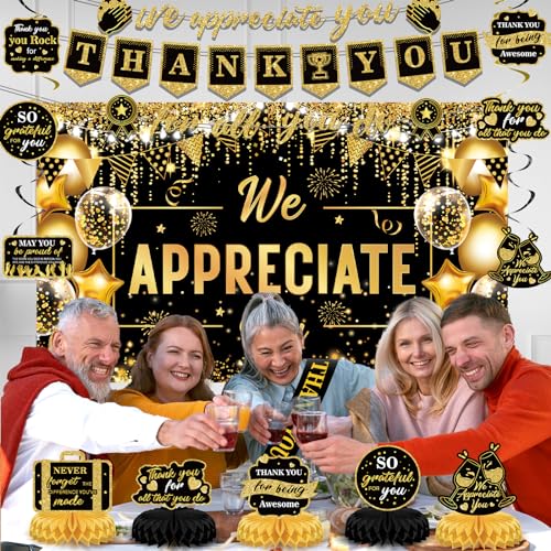Image of We Appreciate You Party Decorations Black Gold Thank You for All You Do Banner Honeycomb Centerpieces Hanging Swirls for Office Employee Staff Appreciation Gift Pastor Teacher Party Veterans Day Decor