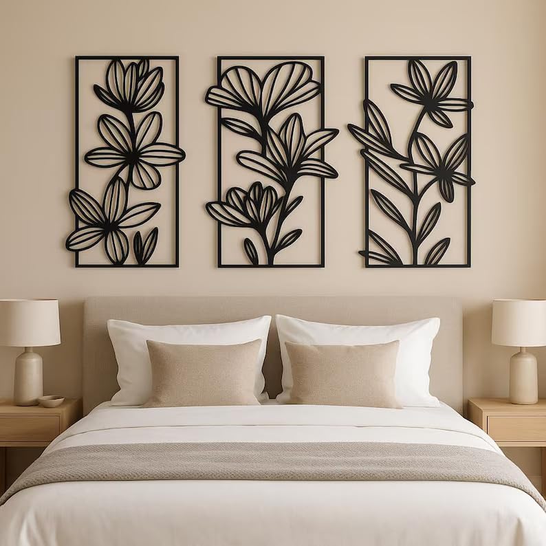 Image of Set of 3 Black Floral woodan Metal Wall Art - 30x18cm Each - Modern Botanical Decor for Bedroom, Dining Room, Hallway or Office - Great Gift