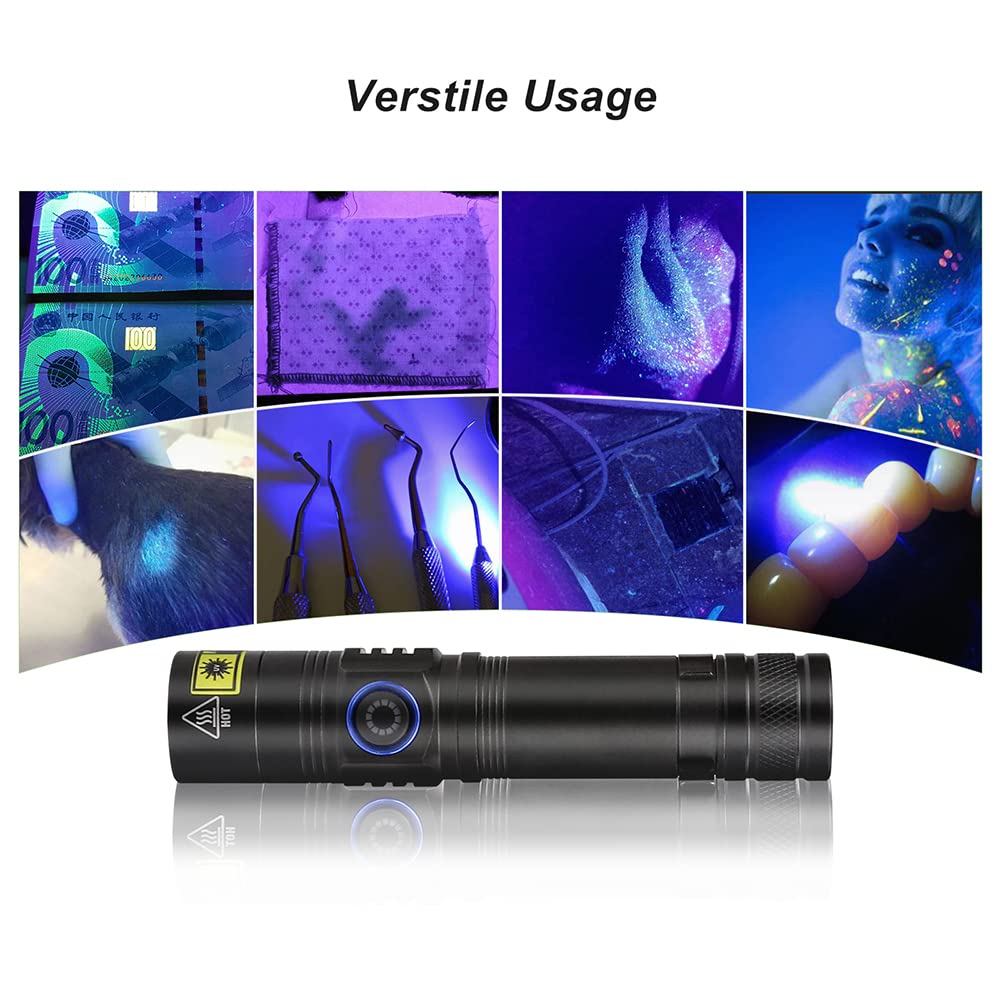 Linterna UV de 365 nm recargable, luz negra profesional luz ultravioleta, mini antorcha portátil luz negra para detección de orina de mascotas, rocas brillantes, curado de resina, mineral