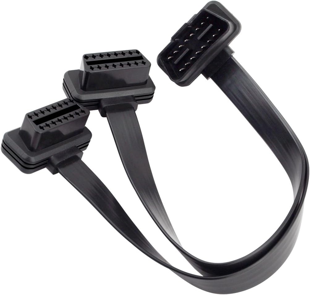 iKKEGOL Ultra Low Profile Right/Left Angle 16 Pin OBD2 OBDII Splitter Extension Cable Male to Dual Female Y Cable 30cm/12 (Right/Left Port)