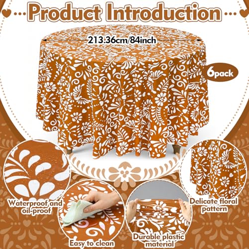 Image of Ganeen 6 Pcs Cielito Lindo Tablecloth Mexican Round Disposable Plastic Tablecloths 84 Inch De Barro Mexican Terracotta Plastic Waterproof Table Covers for Wedding Bridal Shower Decoration Party Favor