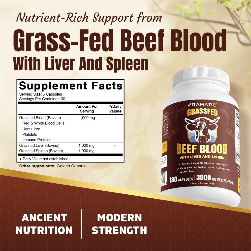 Vitamatic Grass Fed Beef Blood with Liver and Spleen 180 Capsules – Freeze-Dried, Non-GMO, Bovine Liver Supplement – Pasture-Raised, Glandular-Based Formula