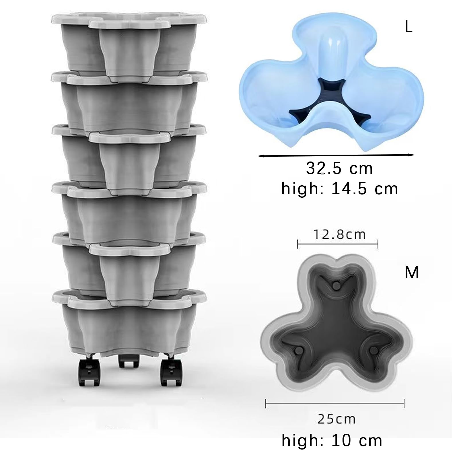 Tour à Fraises Empilable 5 Niveaux, Bac à Fraise en Hauteur et Anti-Débordement, Roulettes 360°, Jardinière Verticale Gain de Place 32,5×14,5cm pour Fleurs et Légumes Balcon Terrasse (Blanc)