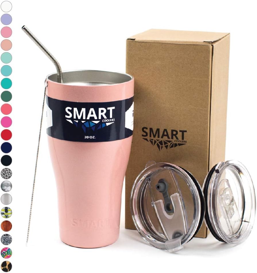 Smart Coolers 30 Oz. Sweat Free Ultra-Tough Double Wall Stainless Steel Tumbler Cup with Leak-proof Heavy Duty Tumbler Lids (Slide Lid & Flip Lid), Straw, & Cleaning Brush - Rose Gold