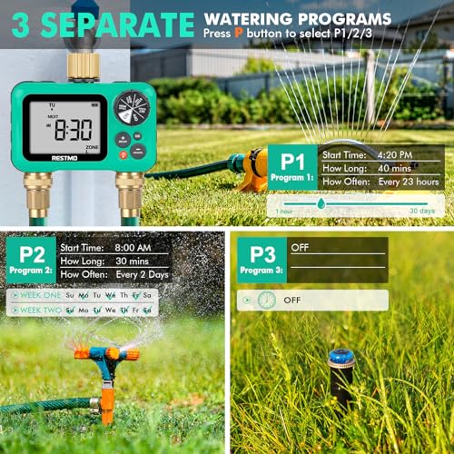 RESTMO Sprinkler Timer with Brass Inlet & Outlet, 2 Zone Programmable Water Timer for Garden Hose, 3 Separate Programs Hose Timer, Manual/Rain Delay/Automatic Watering for Drip Irrigation and Lawn