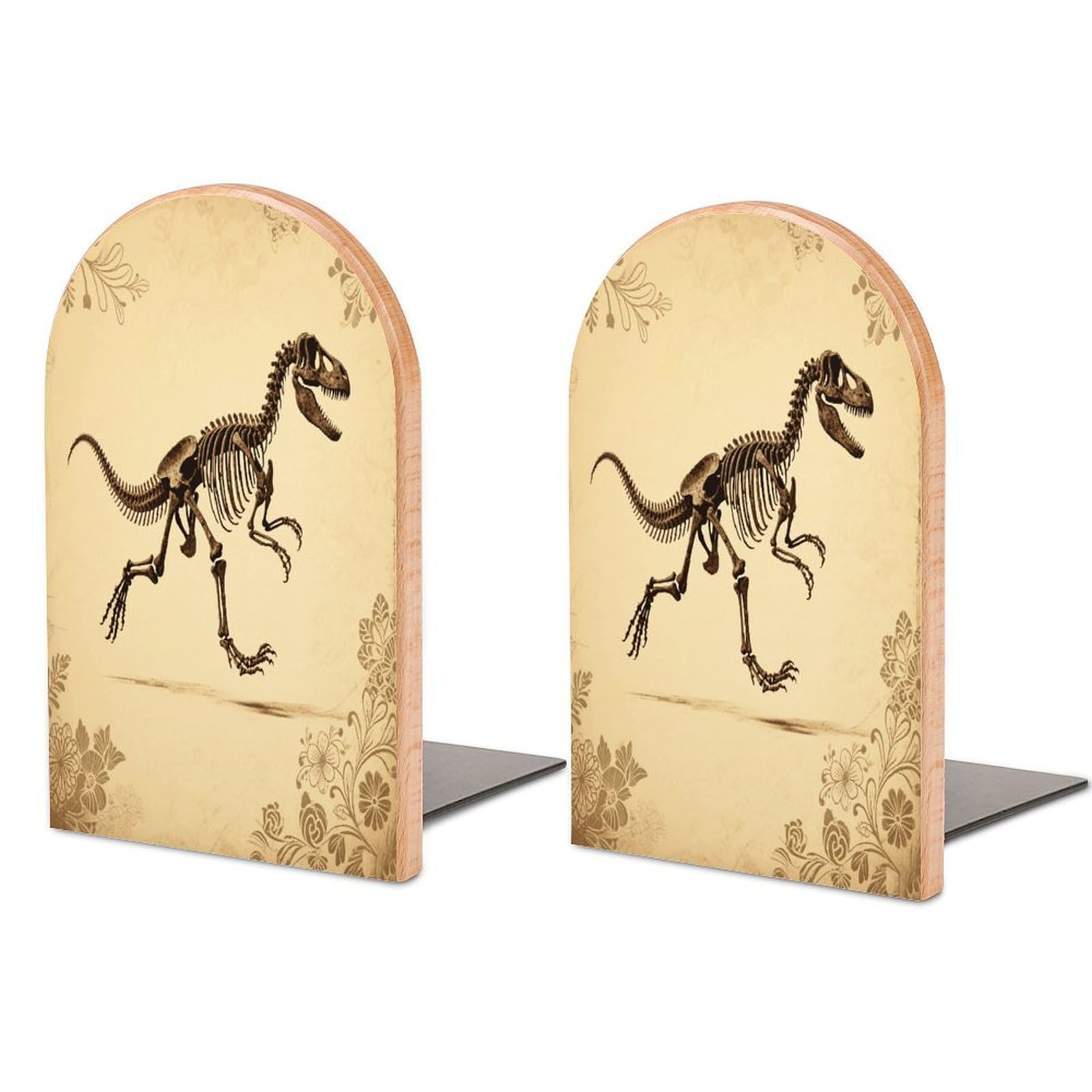 Sujetalibros de dinosaurio de madera y metal para estanterías infantiles