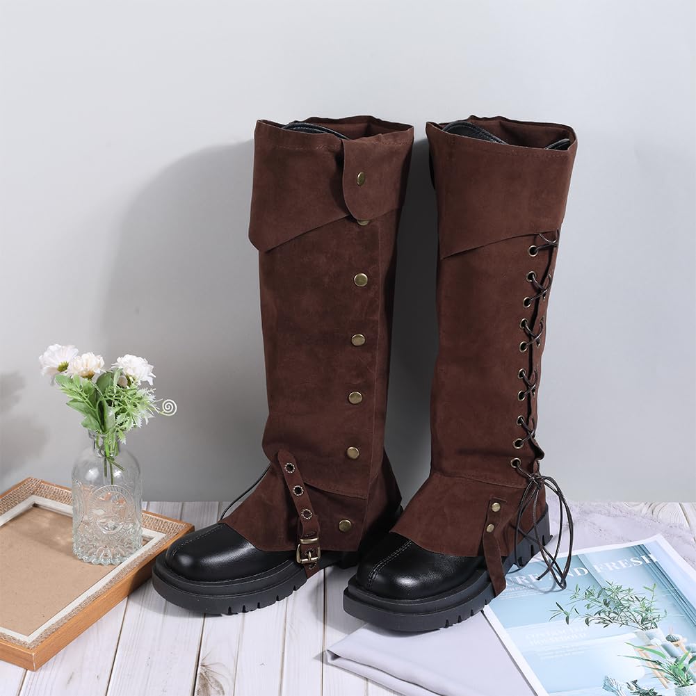 GORGECRAFT 2 pz Copristivali Medievali Coprigambe Cavaliere Rinascimentale Protezioni per Le Gambe Ghette Vintage Finto Velluto Regolabile con Coulisse Stivali Top per Scarpe Halloween Cosplay, caffè