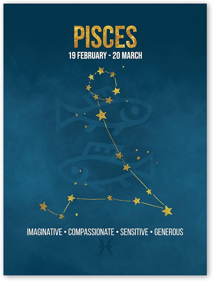 Wee Blue Coo Zodiac Star Sign Birthday Astrology Blue Pisces Unframed Wall Art Print Poster Home Decor Premium