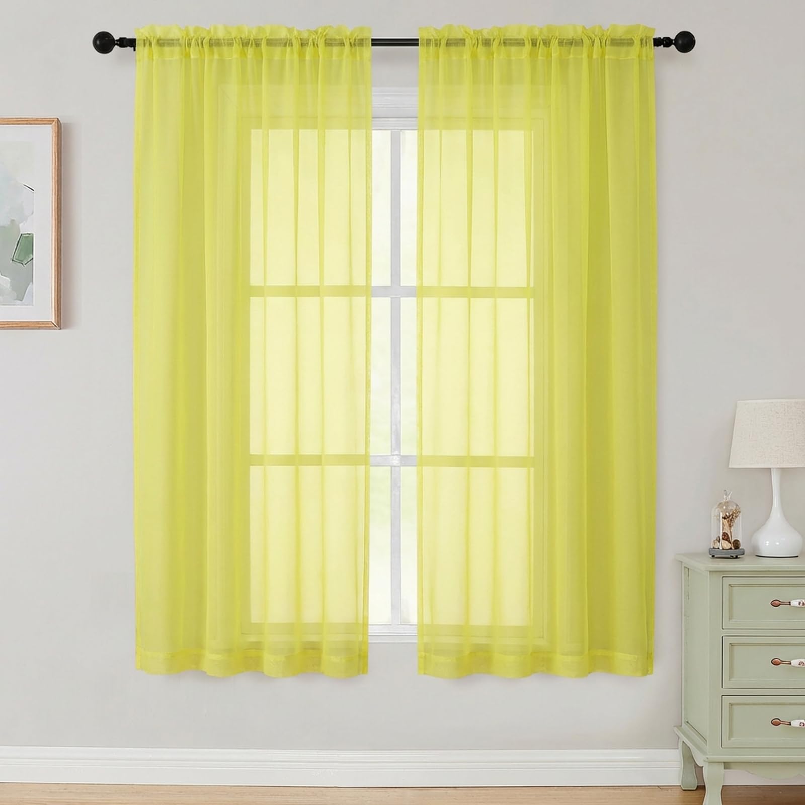 Sheer Curtains 63 Inch Length 2 Panels Set for Living Room Bedroom, Airy Soft Light Filtering Sheer Dining Room Curtains, Modern Rod Pocket Drapes, Lemon, Each 42" Wx63 L