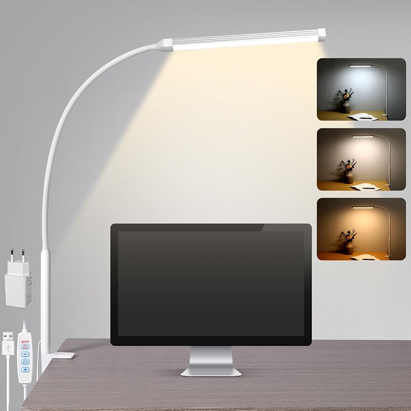 LIBORA Lampe de bureau LED à pince – 3 modes de couleur et 10 niveaux de luminosité, lumière du jour