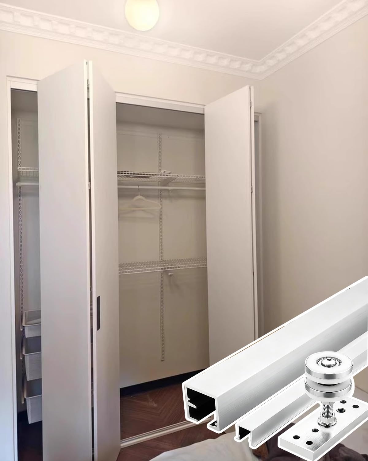 Ścieznik do Drzwi Przesuawnych Szyna do Drzwi Składanych 2- Lub 4-drzwiowych 61 92 122 152 cm, Zestaw Szyn do Składanych Drzwi Przesuwnych, Prowadnica do Drzwi Tarasowych(2-door,44inch/111.7cm)