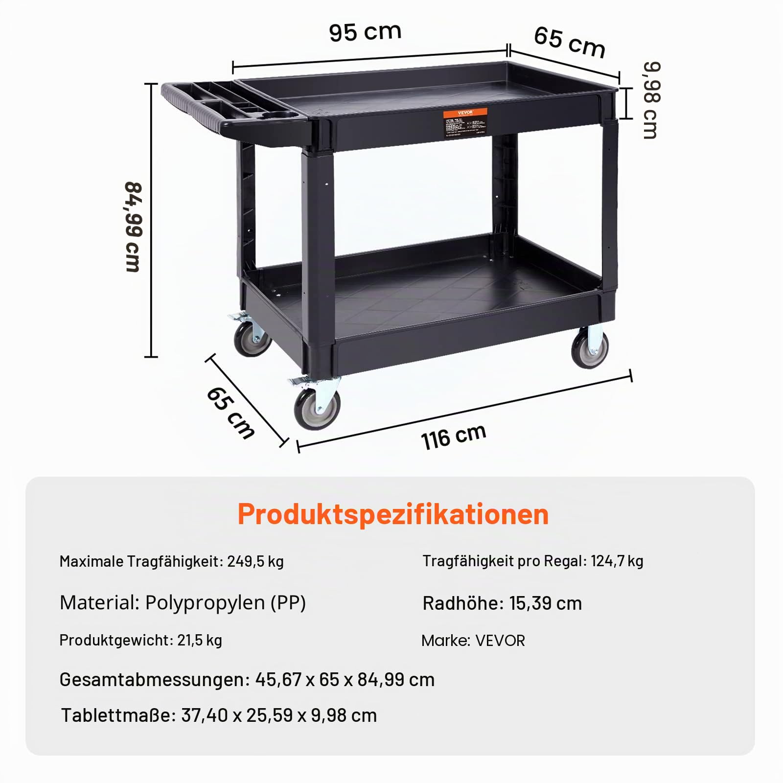 VEVOR Servierwagen 249kg Tragfähigkeit Abräumwagen 116x65x85cm Servicewagen aus PP Werkstattwagen mit arretierbaren Rädern Werkzeugwagen Werkstatt-Rollwagen für Lager Garagen Büros Gärtner Hotels