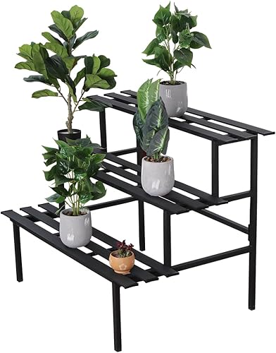 Miniatura 6 de Soporte versátil de metal para plantas de 3 niveles, diseño de escalera, estante de almacenamiento de utilidad resistente para uso en interiores y