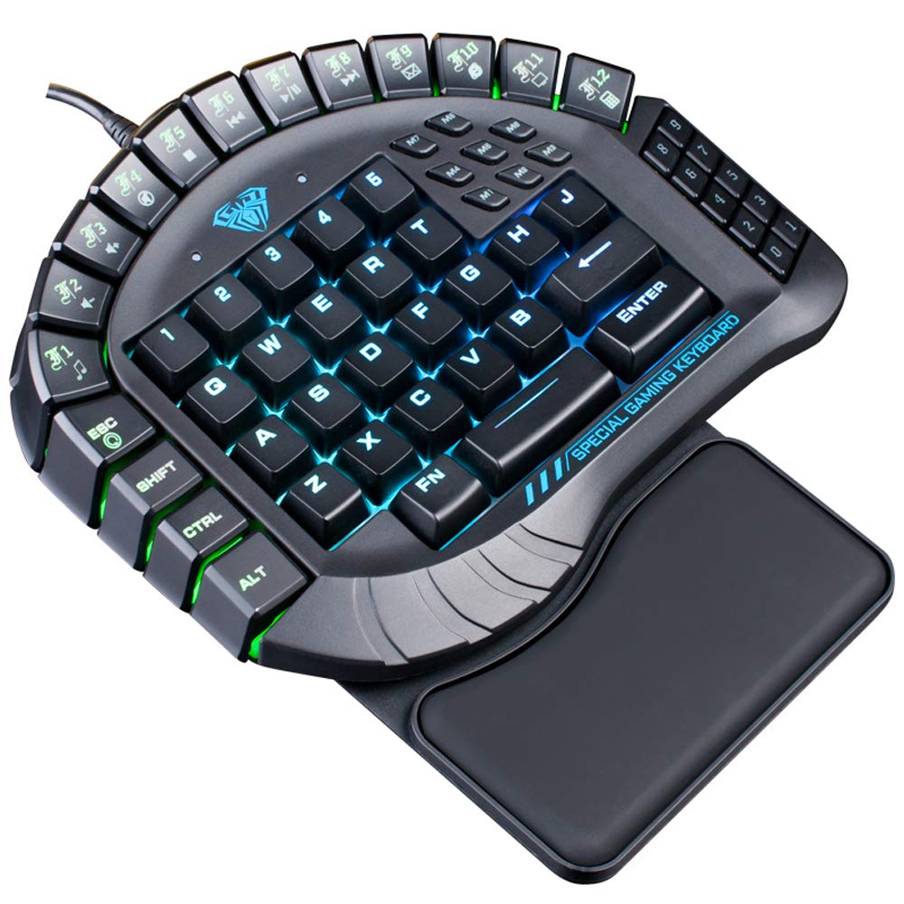 Aula Excalibur One Handed Mechanical Gaming Keyboard, Blue Switches, Software Customizable RGB Backlit Effects, 8 Programmable Macro Keys, and Removable Wrist Rest