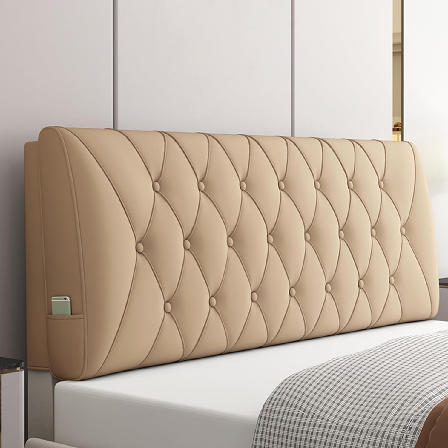 Zzyk Khaki Bedside Cushion Large Bed Backrest Faux Leather Headboard Pillow Lumbar Support Upholstered Reading Pillow Removable Daybed Bunk Bed Bolster,,Straps/59X23x4in