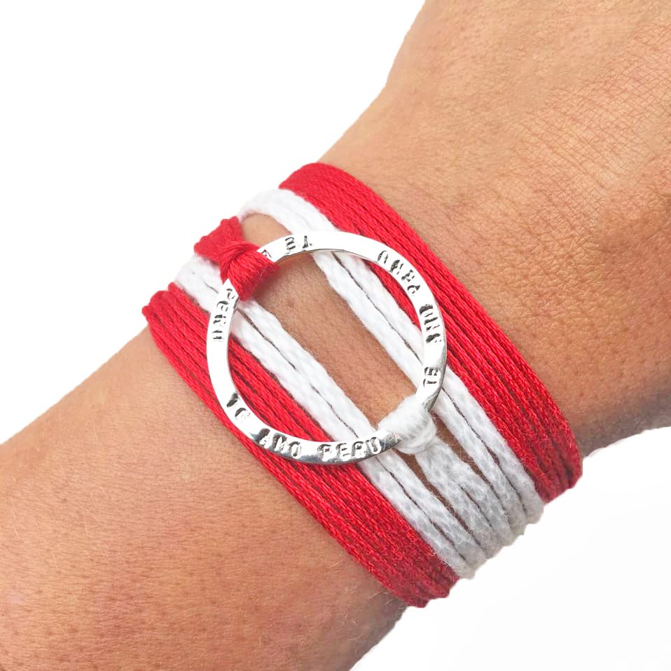 TE AMO PERU Stamped Infinity Open Circle Wrap Bracelet, Reversible Sterling Silver 925 plated, Adjustable Red and White Multi-strand Pima Cotton