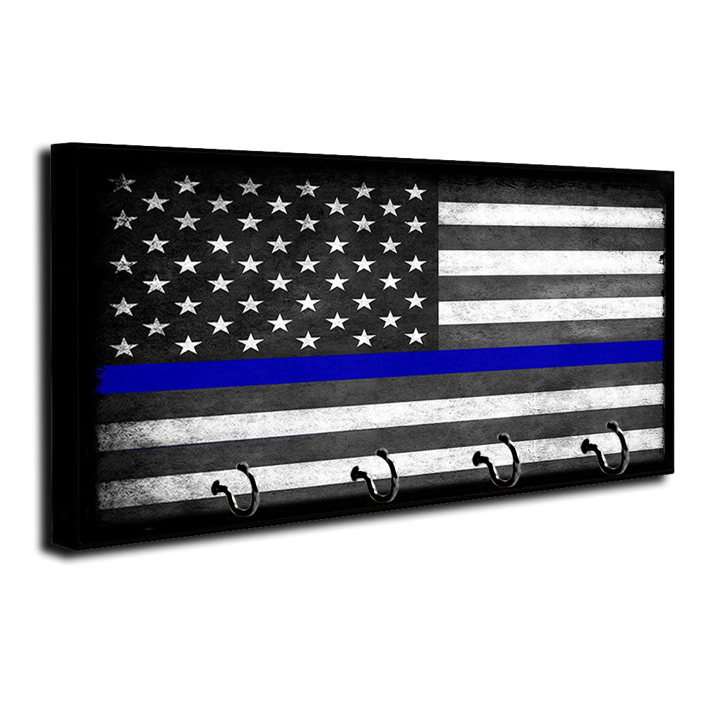 Brotherhood Thin Blue Line Law Enforcement Subdued American Flag Key Holder Organizer Wall Mount Rack for Holders The Home Keys Ring Decorative