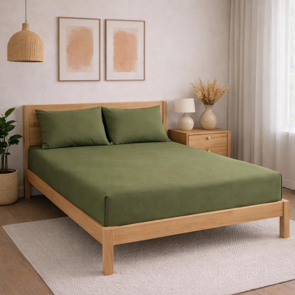 THE HOME STYLE Solid Plain Cotton Feel Fitted Bedsheet (72x78 inches) with Reversible Comforter (90x100 inches) | King Size | 2 Pillow Covers | 300 TC | 4-Piece Bedding Set (Olive Green)