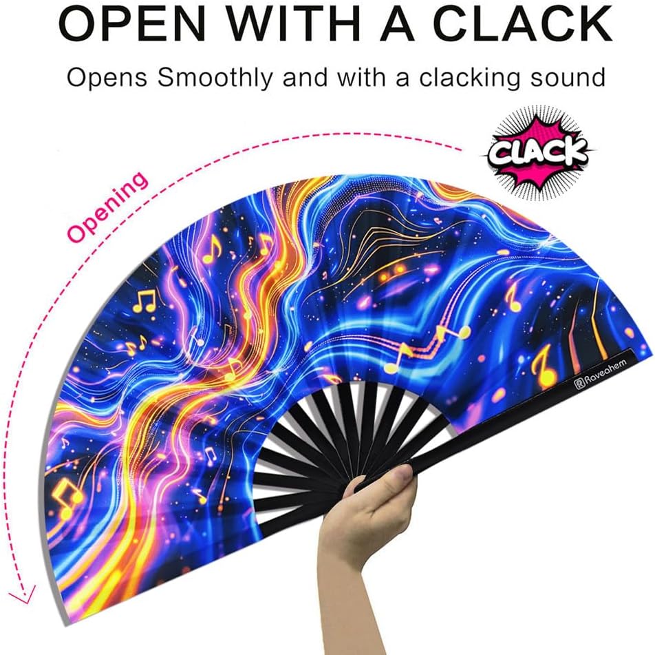 Large Folding Fan, 13 Inch Clack Rave Fan Hand Held Fan for Women Men with Premium Satin Fabric, Thick Bamboo Frame for EDM, Music Festival, Party, Dance, Decoration, Gift (Neon Pulse) image 3