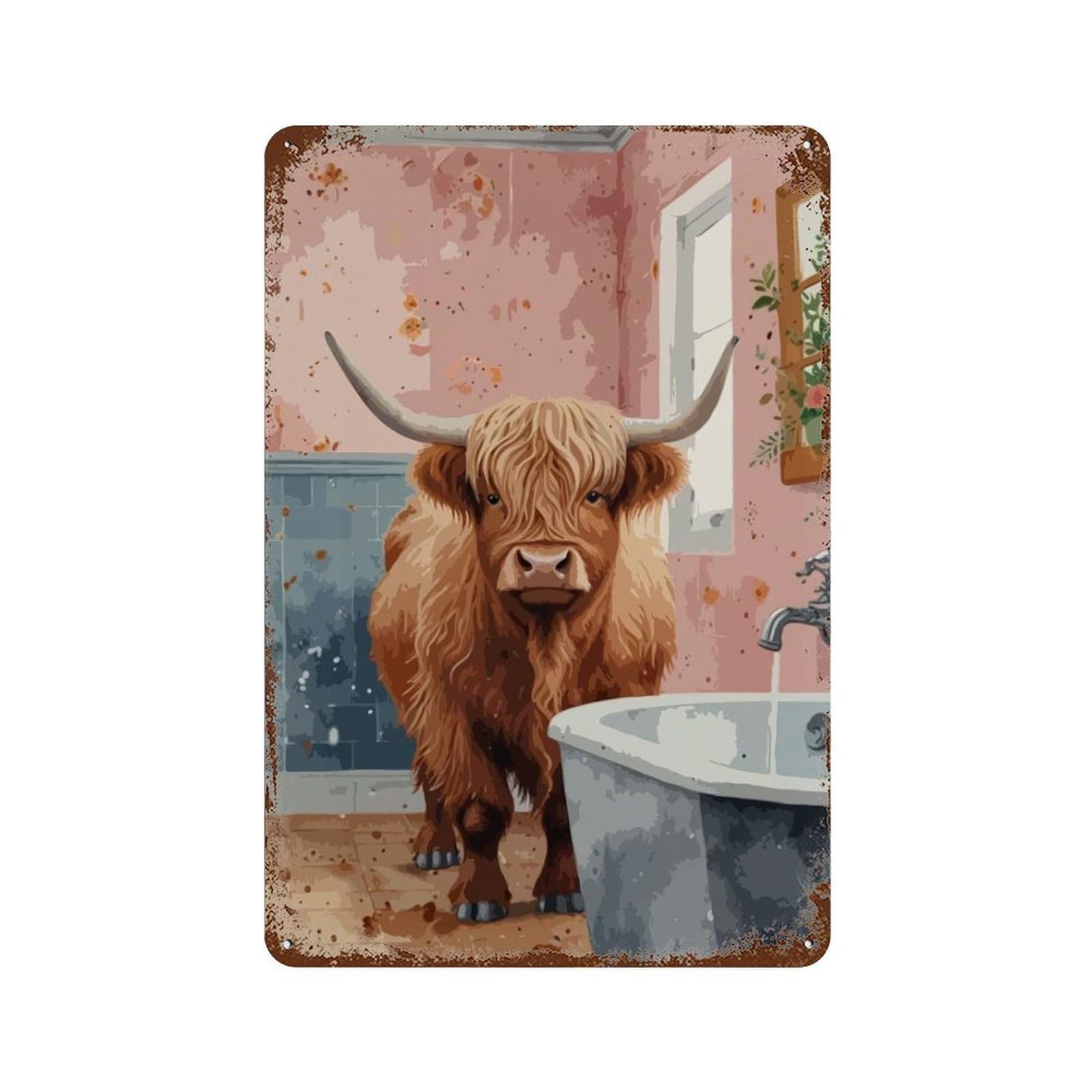 Highland Cow in Bathroom Rust Effect Tin Sign 11.8"x7.9", Vintage Wall Decor for Pub, Kitchen And Man Cave Decor