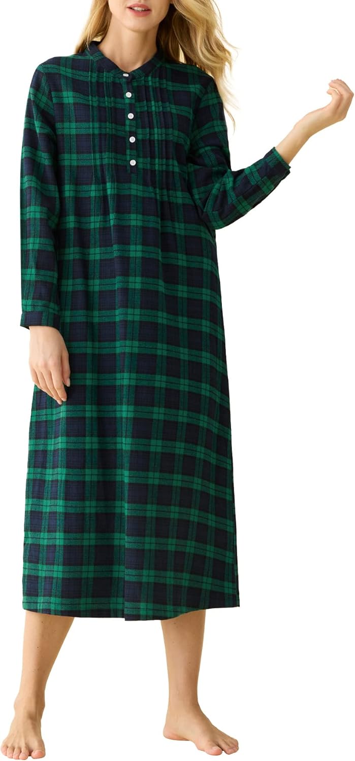 Latuza Women's Cotton Plaid Flannel Nightgown Long Sleeves Pleated Gown with Pockets