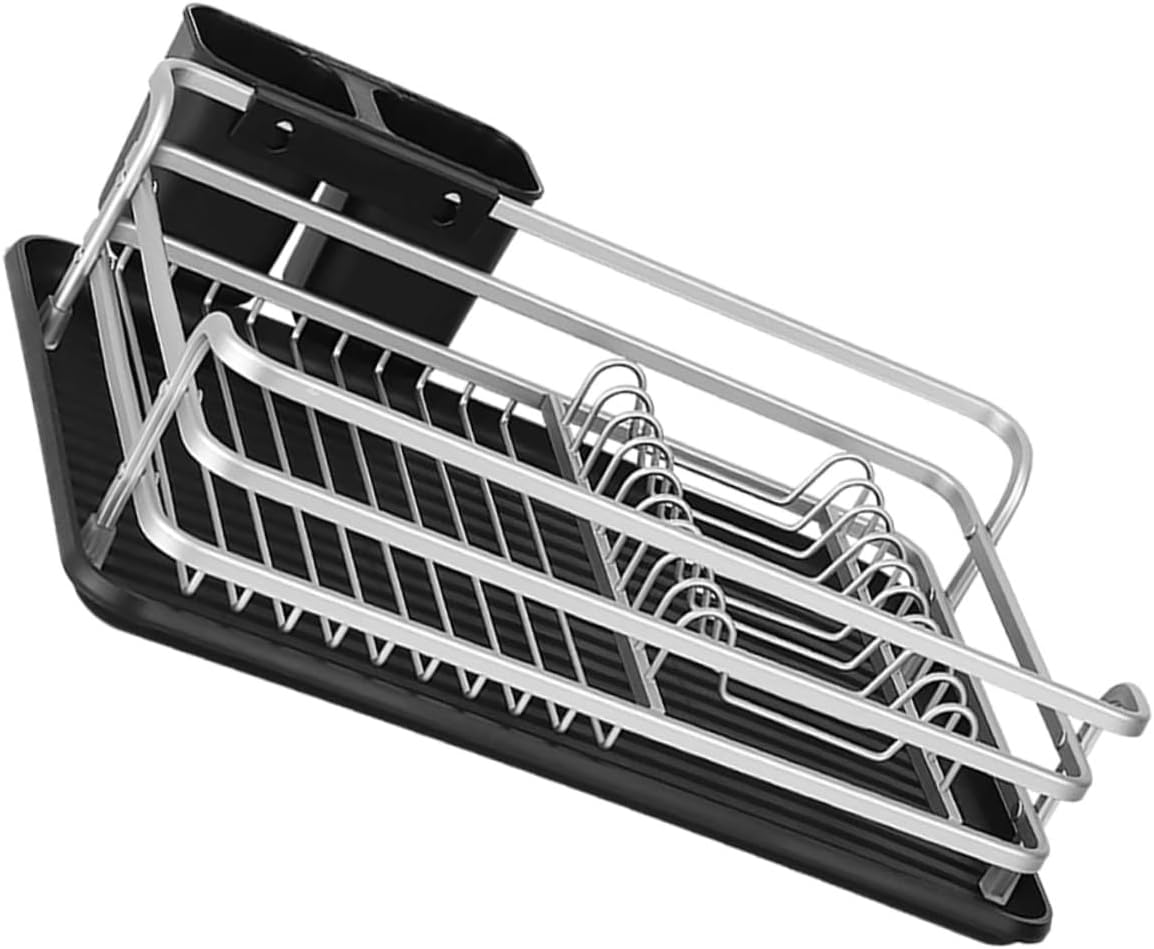 Dish Drainer Rack Over Sink Dish Holder Silver Metal Kitchen Counter with Removable Cutlery Organizer for Household and Tableware Storage