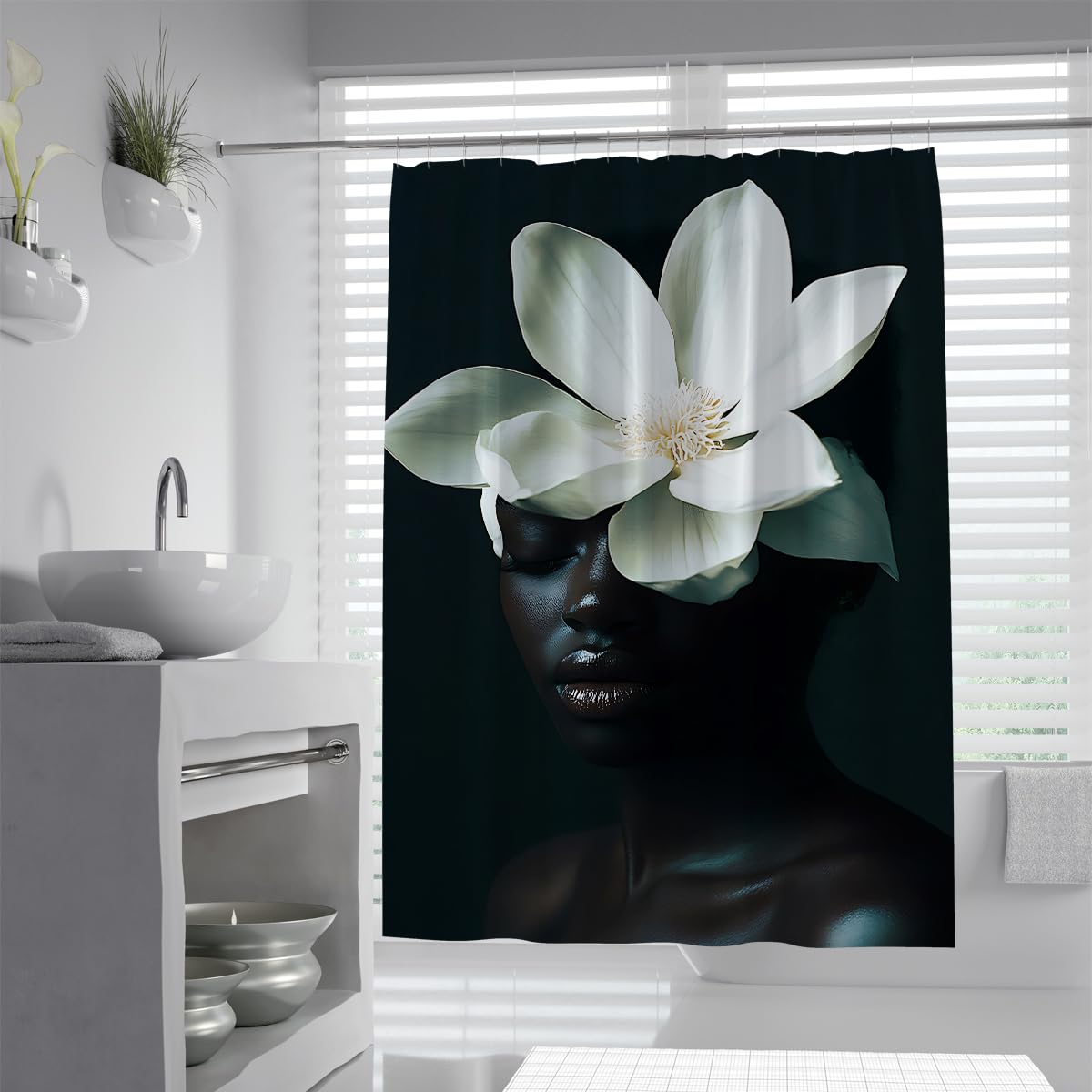 Rideau de bain séchage rapide à motif femme afro américaine et coiffe de fleurs fraîches