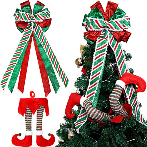 2 Pcs Christmas Tree Topper Christmas Elf Stuffed Legs Large Decorative Bow with Streamer Christmas Tree Legs Stuck Tree Topper Decorations Christmas Toppers Bow for Christmas Tree Decoration (Red)