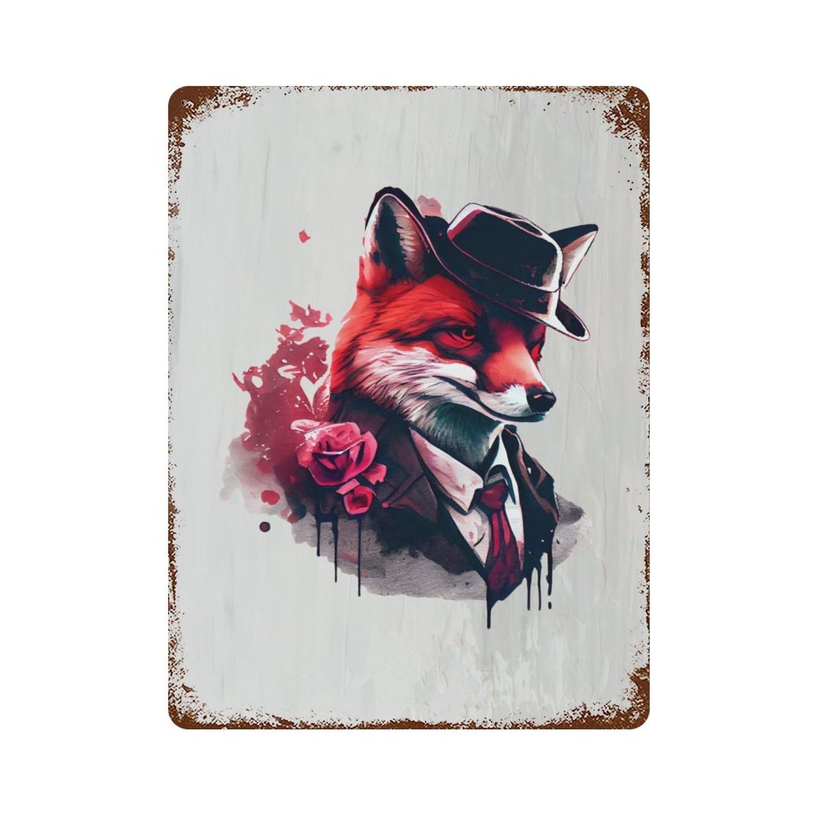Gangster Fox Funny Aged Metal Wall Plaque 15.7"x11.8", Industrial Home Decor for Pub, Kitchen And Man Cave Decor