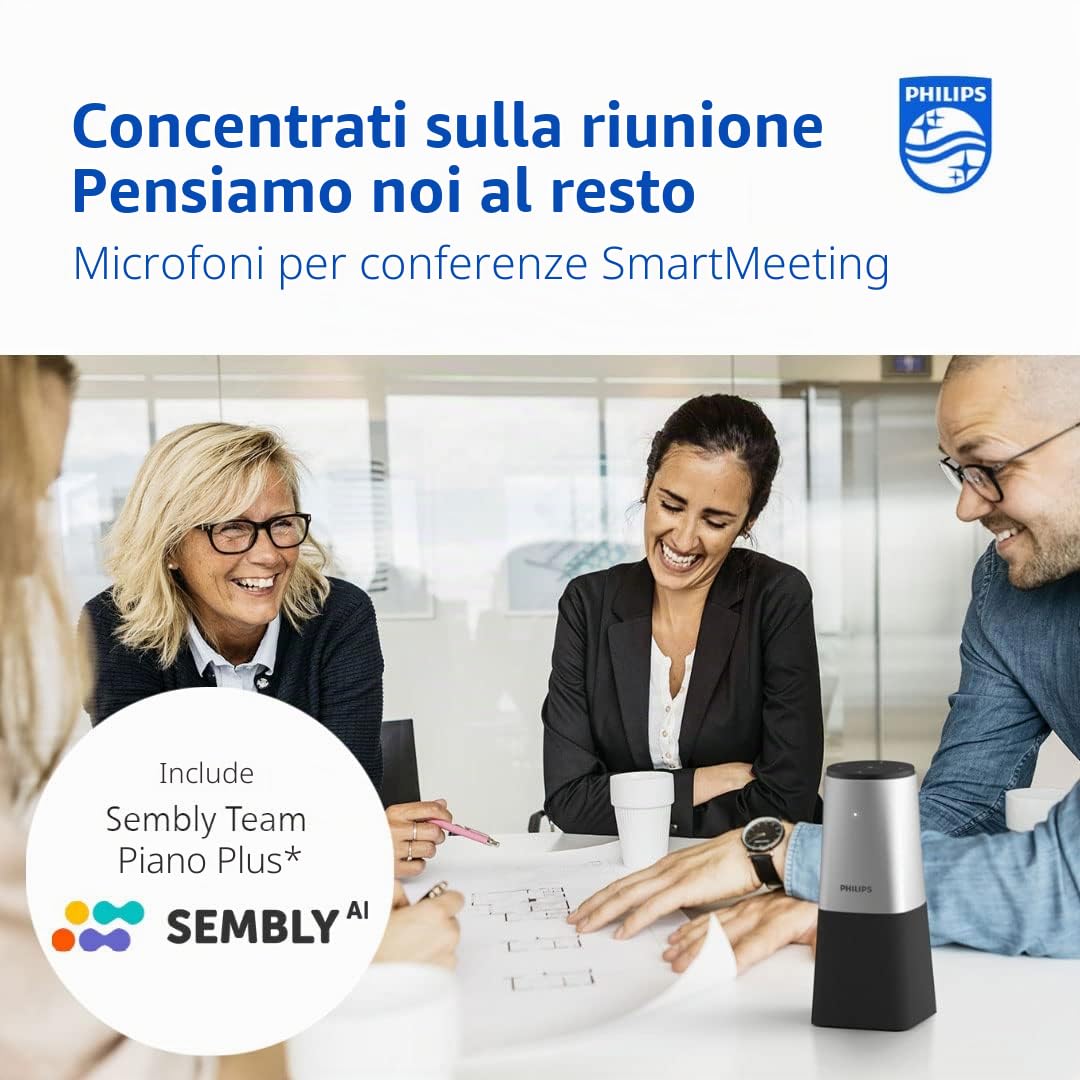 PHILIPS PSE0540 Microfono da conferenza portatile con Intelligenza Artificiale Sembly. Trascrizione multilingue, creazione automatica dei verbali delle riunioni, elenchi di cose da fare