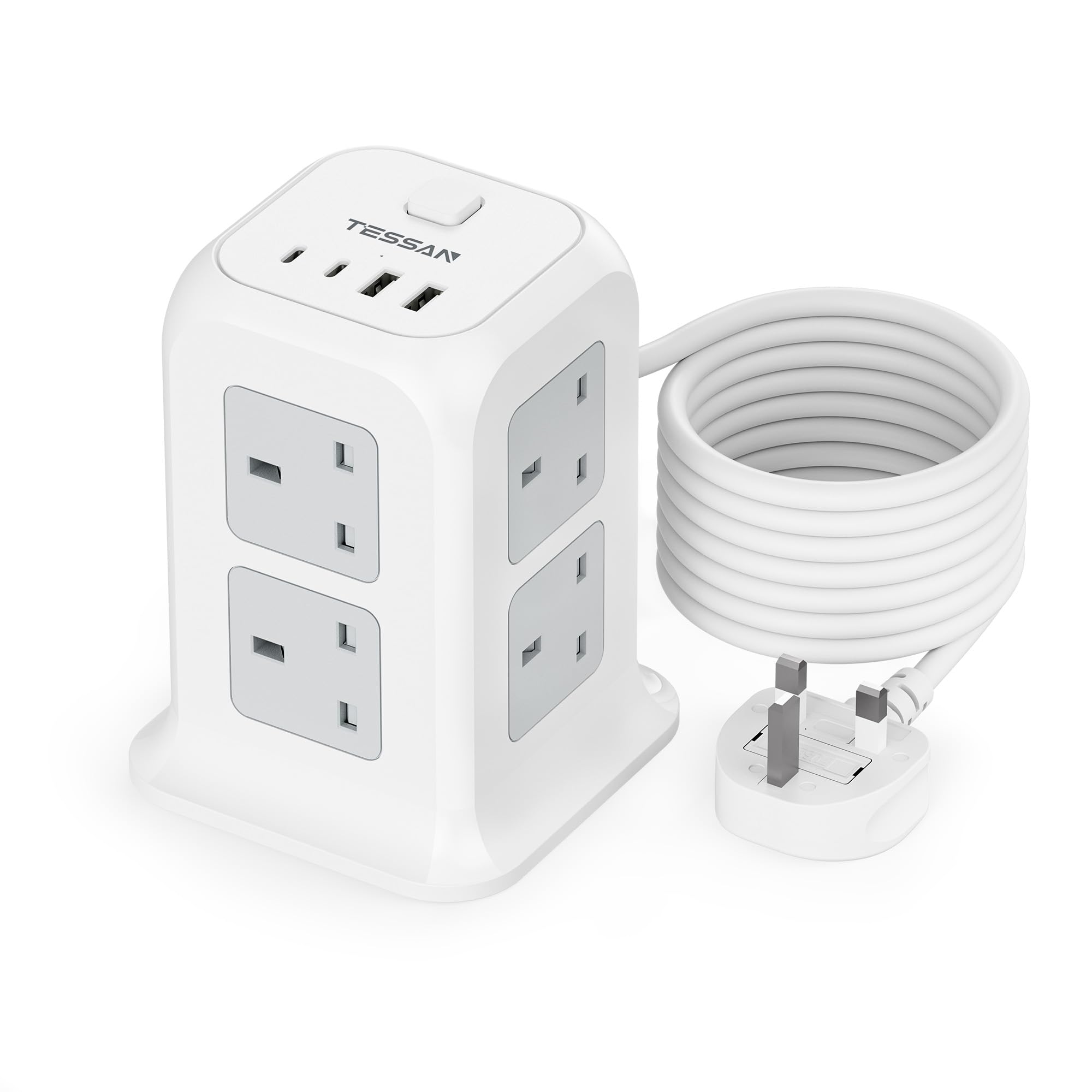 Tower Extension Lead 5M with USB C Slots, TESSAN 8 Way Multi Socket Plug Extension, Surge Protected Extension Cord with Switch, Long Extension Cable Plug Tower Power Strip for Home Office Supplies.