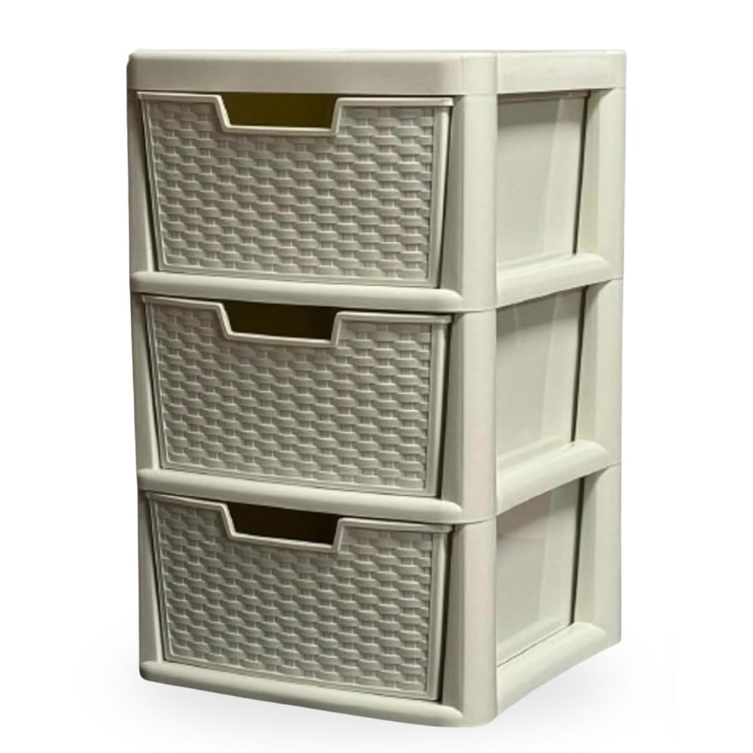 KYY'Z - Large Plastic Rattan Storage Drawers Unit with Deep Pull-Out Baskets - Durable Multipurpose Cabinet Organizer for Home Office, Bedroom, Bathroom, Garage, Utility Room (Rattan/Cream, 3 Tier)