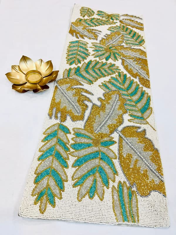 Image of Beautiful Beaded Table Runner Craftsmanship |Pack of 1 Measure 13 * 36 Inches| Thanksgiving - Occasional Decoration, Sunflower Gold Colour