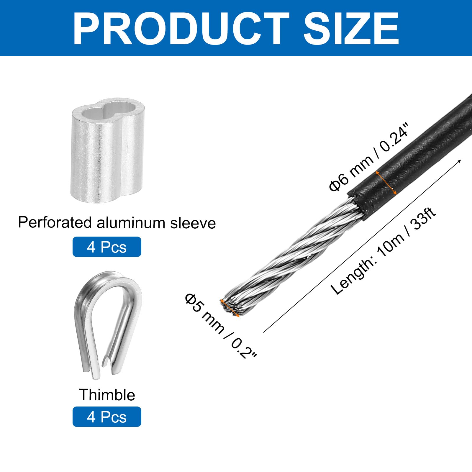 QUARKZMAN 33ft Cavo In Acciaio Inossidabile 304, 6mm (1/4") Rivestito In Vinile Con 4 Manicotti In Alluminio E Girella Per Ringhiere, Decking, Appendere, Stendibiancheria, Nero 10m