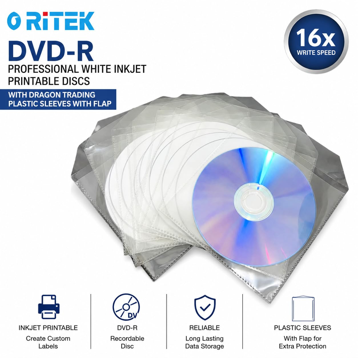 Ritek Lot de 5 DVD-R vierges imprimables à jet d'encre avec une vitesse d'écriture de 16x dans des pochettes en plastique avec rabat Blanc