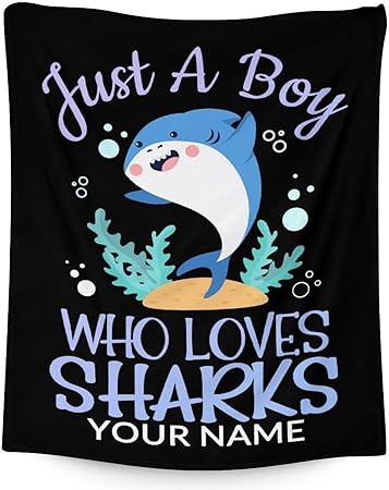Personalized Shark Blanket Gifts with Name - 30"x40" Cute Throw Blanket for Boys - Black Soft Fuzzy Blankets for Couch & Office