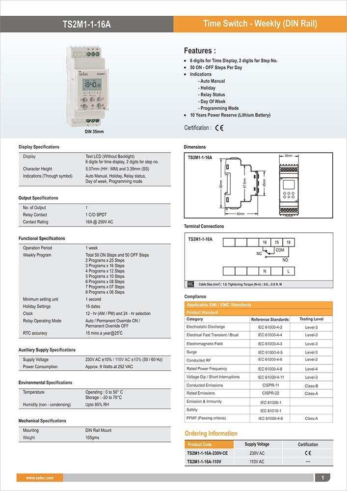 Selec Digital Timer Switch with LCD Display, DIN Rail Mount, TS2M1-1-16A-230V — Amazon image 2