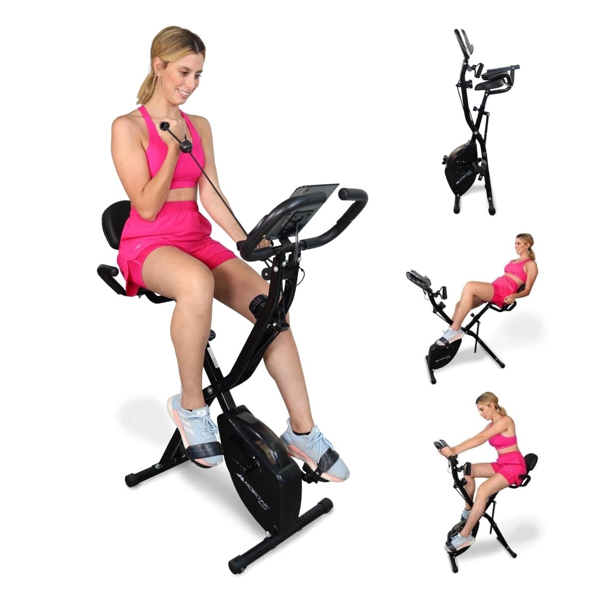 Mobiclinic® fitness, Bicicleta estática plegable + cintas de resistencia, 2 en 1, Everest, 8 niveles, Hasta 100kg, Pantalla lcd, Medidor pulso, Asiento regulable, Rueda, 5kg, Trainer x-bike