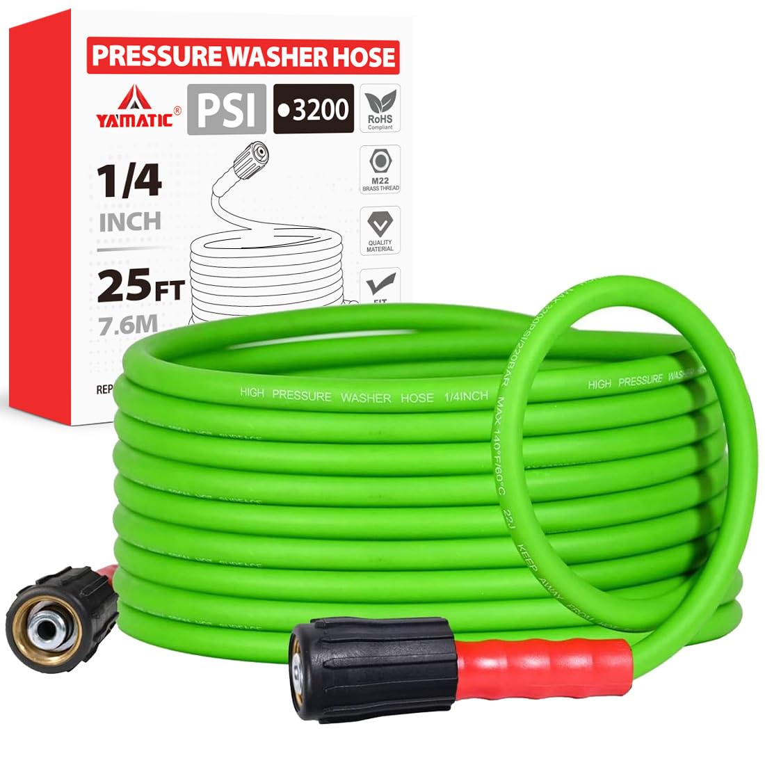 Photo 1 of YAMATIC Flexible Pressure Washer Hose 25FT 1/4", 3200 PSI, M22-14mm Female Ends, Kink-Resistant Replacement for Gas/Electric Power Washer Troy-Bilt Ryobi Craftsman