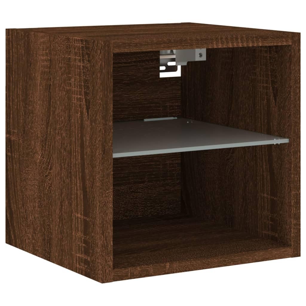 Ścienne szafki TV z LED RGB, 2 szt., brązowy dąb, 30x28,5x30 cm, wiszące z szklaną półką do przechowywania, do salonu lub sypialni