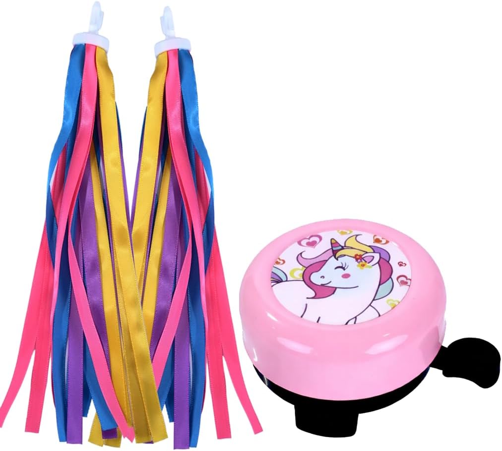 MINI-FACTORY Unicorn Kids Bike Bell and Streamers Set - Loud Clear Ringing Bicycle Bell & Colorful Tassel Ribbons - Easy Attach Accessories for Children’s Bikes, Scooters, and Girls’ Cycle Gifts