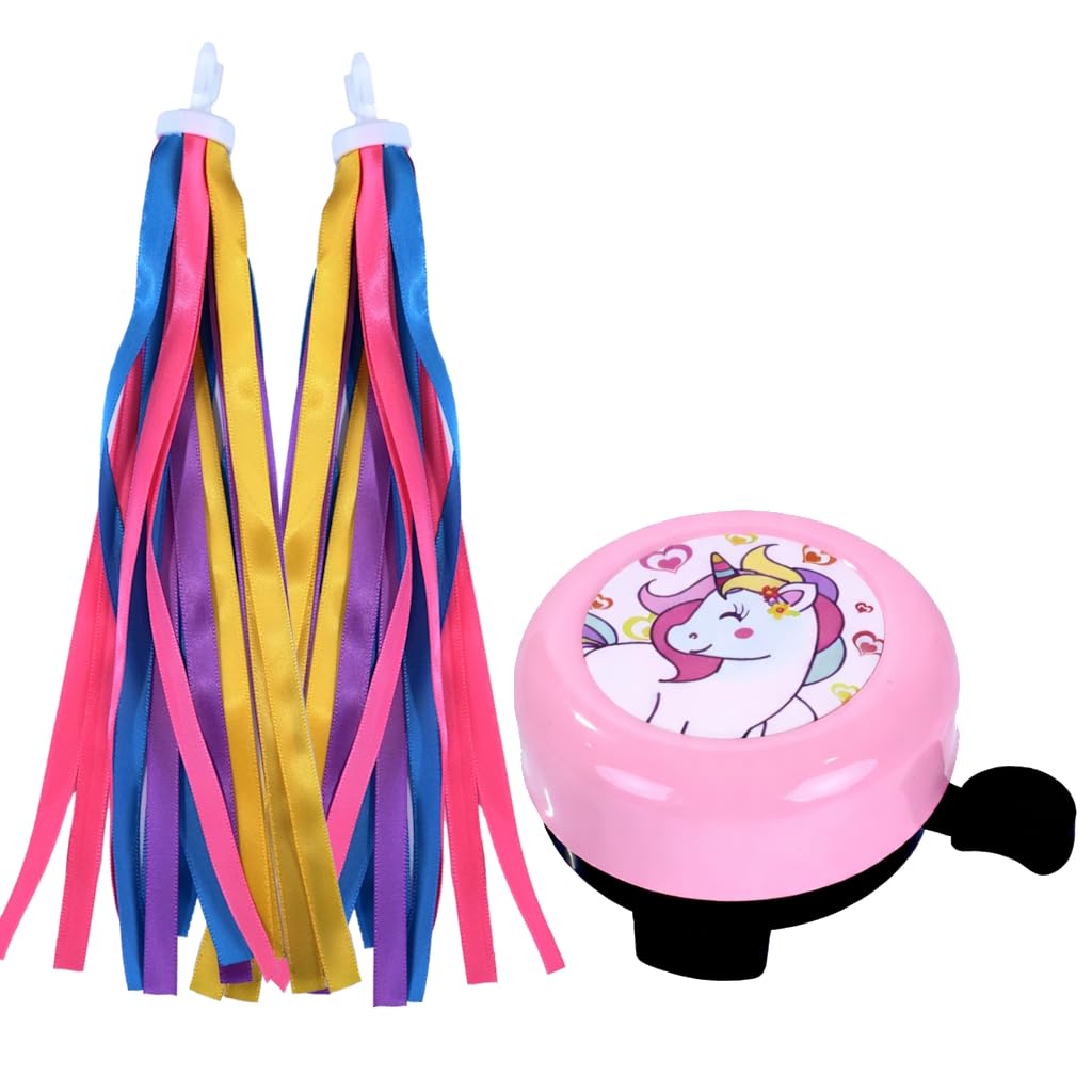 Unicorn Kids Bike Bell and Streamers Set - Loud Clear Ringing Bicycle Bell & Colorful Tassel Ribbons - Easy Attach Accessories for Children’s Bikes, Scooters, and Girls’ Cycle Gifts