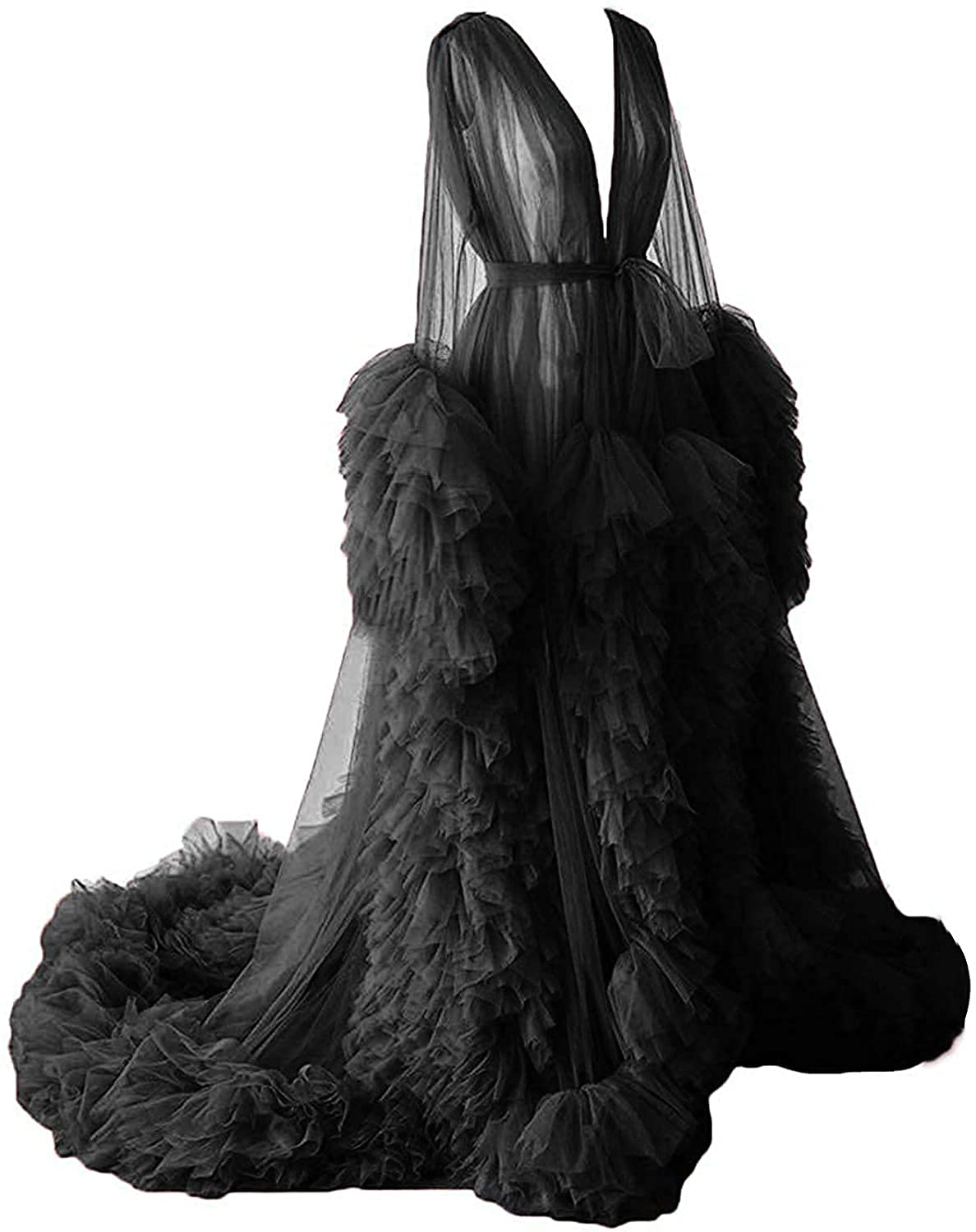 N/ C Women's Black Tulle Robe For Maternity Photoshoot Sheer Puffy Burgundy Dressing Gown Long Wedding Scarf Uk12
